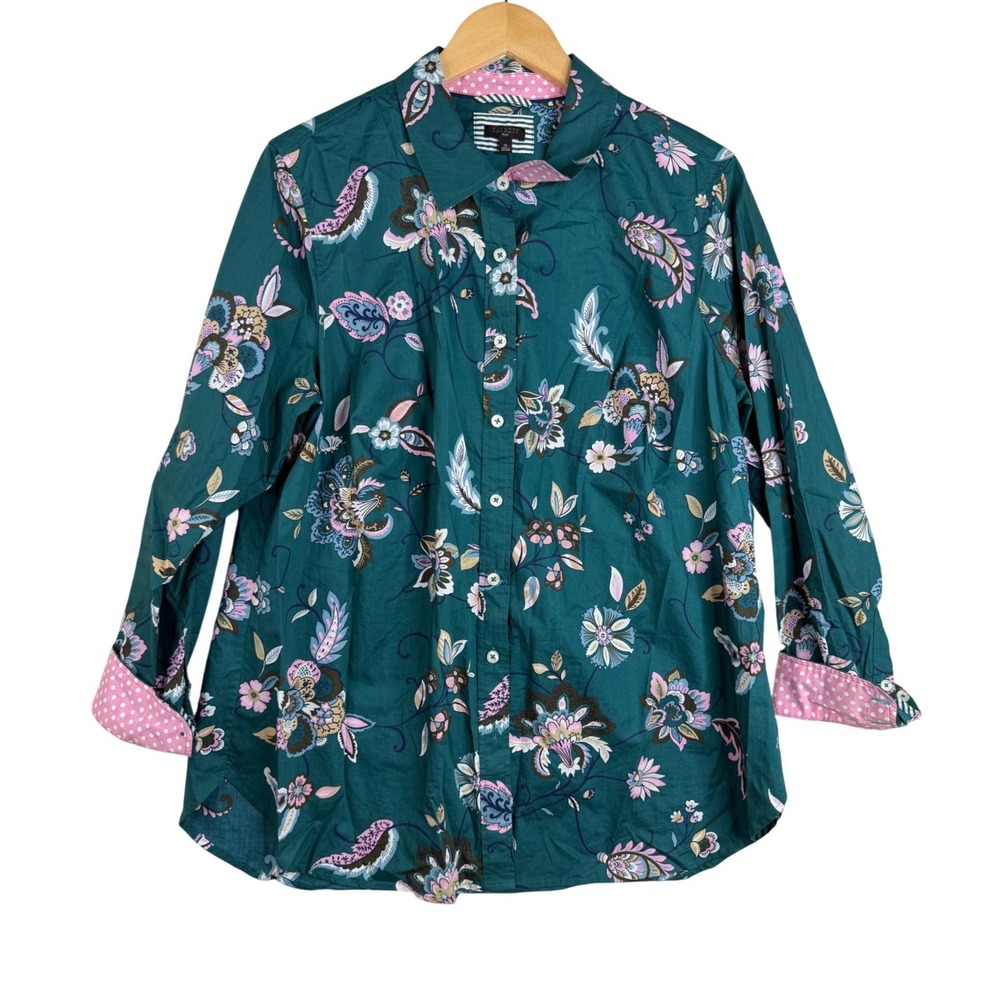 Talbots Women's Modern Classic Button Down Ornate Jacobean Shirt size 1X Green